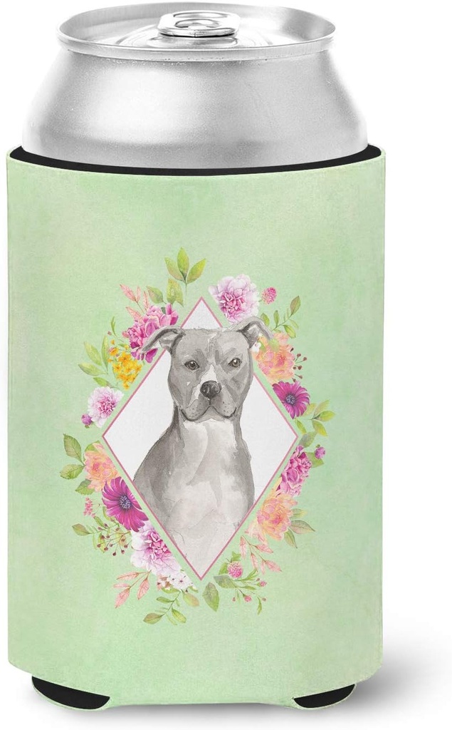 Caroline's Treasures CK4429CC Blue Pit Bull Terrier Green Flowers Can or Bottle Hugger Cooler Washable Drink Sleeve Collapsible Beverage Insulated Holder, Can Hugger, Multicolor