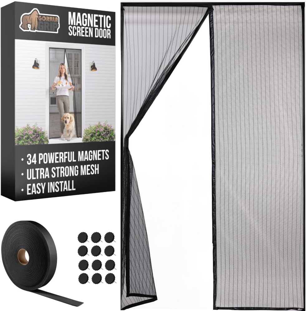 GORILLA GRIP Magnetic Screen Door, Hands Free Mesh Curtain Keeps Bugs and Mosquitos Out, Automatic Magnet Closure, Heavy Duty Patio Sliding Dog Doors Cover, Window Screens Protector, Black 38Wx82H