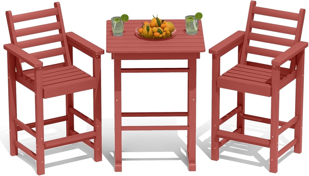 Tall Adirondack Chairs Set of 2 with Table, Outdoor Bar Height Table Chairs Set, All Weather HDPE Barstools Patio Bar Sets with Arms & Footrest for Balcony, Bistro, Poolside, Backyard