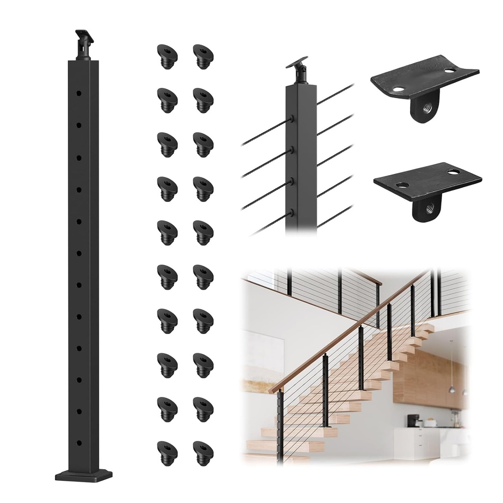 BLIKA 42" Stair Cable Railing Post(Post 41"x2"x2"), Stainless Steel Adjustable Line Post, Metal Stair Railing Posts, Top Mount Matte Black Cable Handrail Posts for Cable Railing Kits, BL01-SP