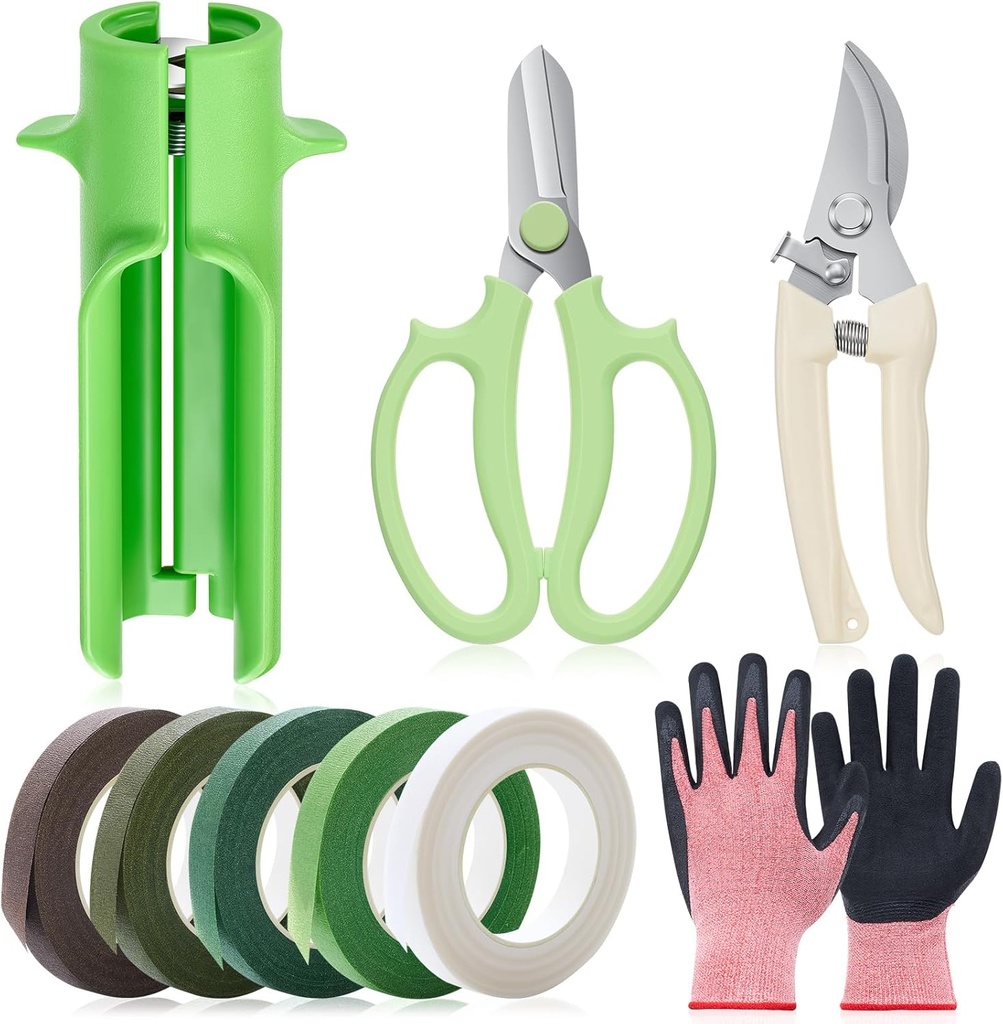 Lasnten 9 Pcs Rose Stripper Thorn Remover Set Include 1 Rose Thorn Stripper Tool 5 Floral Tape 1 Flower Scissor 1 Curve Gardening Scissors 1 Pair Gardening Gloves for Home Wedding Florist(Green)