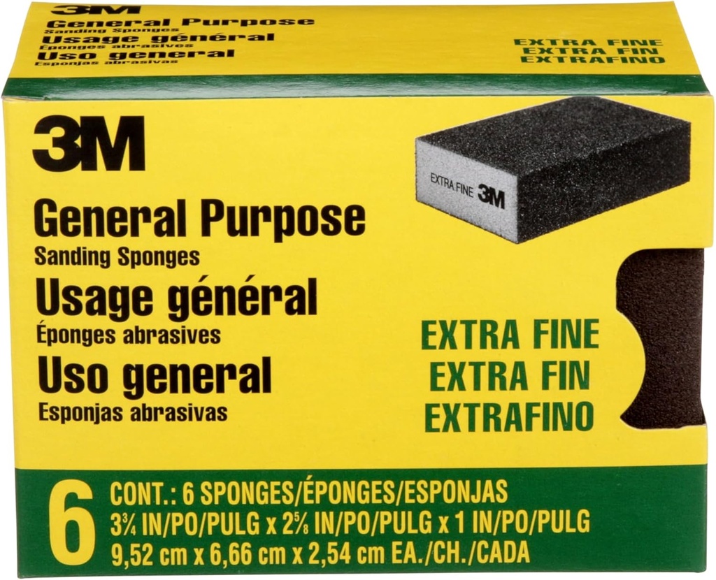 3M Sanding Sponge Block, 6-Pack, Extra Fine Grits, 3-3/4 in x 2-5/8 in, Designed For Sanding Wood, Paint, Metal, Plastic or Drywall, Features 3M Abrasive, Made with Durable Flexible Foam (CP000-6P-CC)