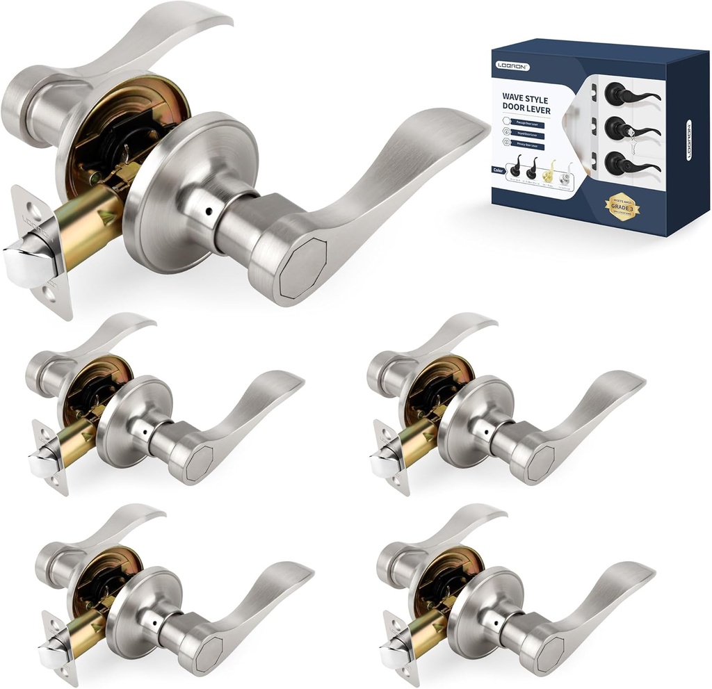 Wave Style Door Lever Passage Door Handle, 5 Pack Wholesale Keyless Interior Lever Reversible for Left/Right Handed for Hallway and Closet with Satin Nickel Finish