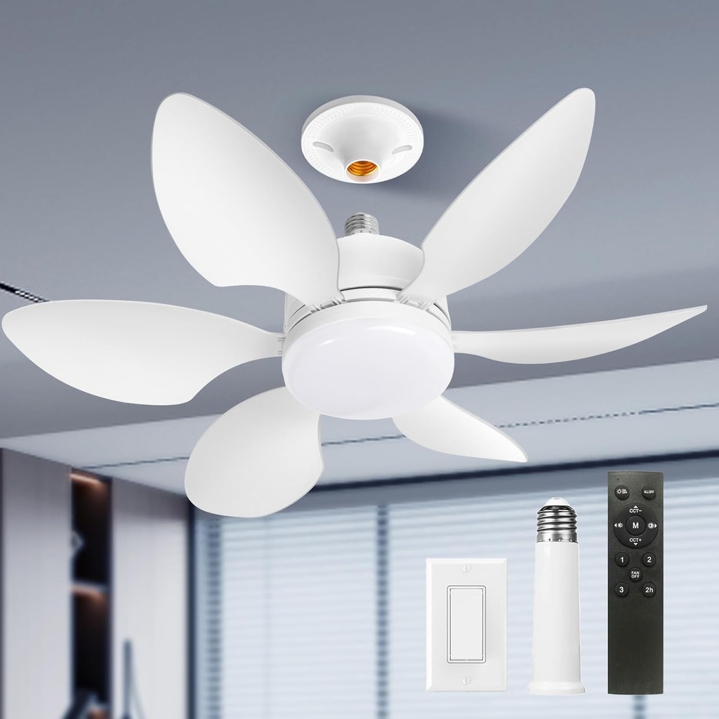 Socket Fan Light with Remote 20 inch Small Ceiling Fans with Lights, 3 Color LED Dimmable, 3 Colors 3000K-6500K, Easy Install Screw in E26 Base for Bedroom Living Room Kitchen Garage Patio