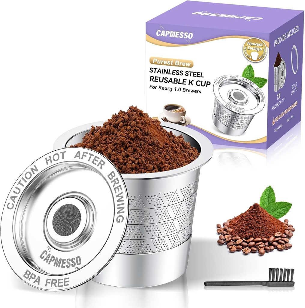 CAPMESSO Reusable K Cups for Keurig 1.0: Stainless Steel Reusable Coffee Pods - Dual-Mesh Refillable Coffee Filter for Richer Coffee NO Grit - for Keurig Coffee Maker K-Express K-Elite K-Mini (1 Pack)