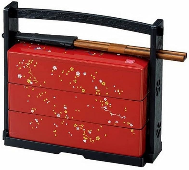 JapanBargain 1950, Japanese Lunch Bento Box Three Tiers with Chopsticks Traditional Plastic Lacquered Sakura Cherry Blossom Pattern Made in Japan