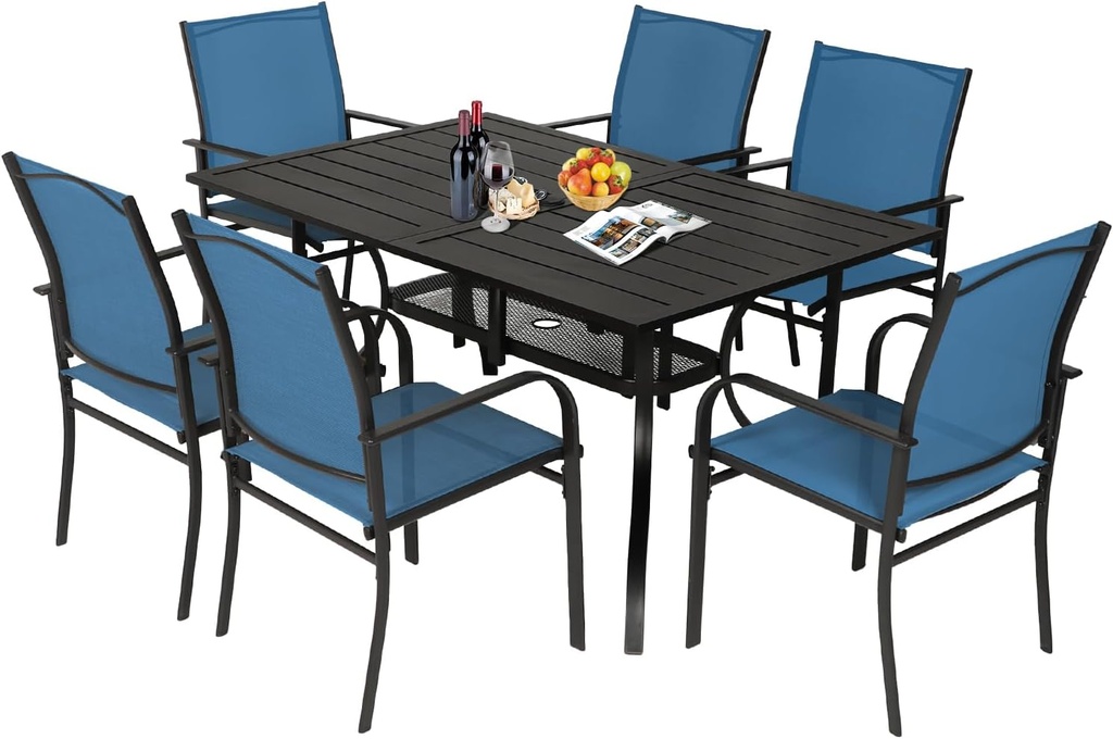 7 Piece Patio Dining Set Outdoor Furniture, Rectangular Metal Slatted Table with 1.57" Umbrella Hole & 6 Blue Textilene Chairs