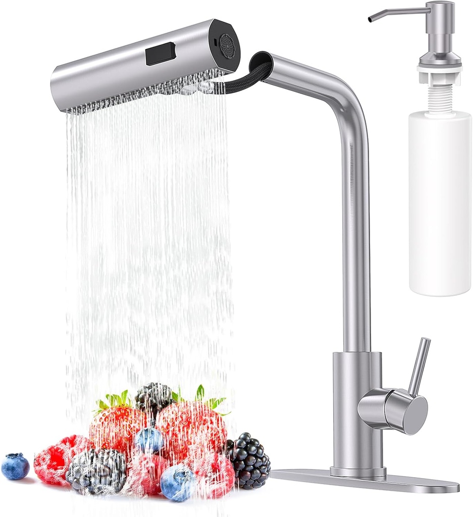 Brushed Nickel Kitchen Faucets with Pull Down Sprayer & Soap Dispenser, Single Hole & Handle, Pull Out Tap, Waterfall Stainless Steel Sink Faucet for Farmhouse Camper Laundry Rv Bar