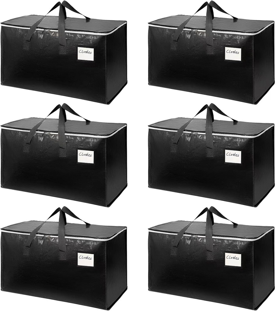 6-Pack Extra-Large Heavy-Duty Moving Bags with Reinforced Handles, Durable Zippers & Waterproof Material — Perfect for Space-Saving, Storage, Shipping and Travel (Black)