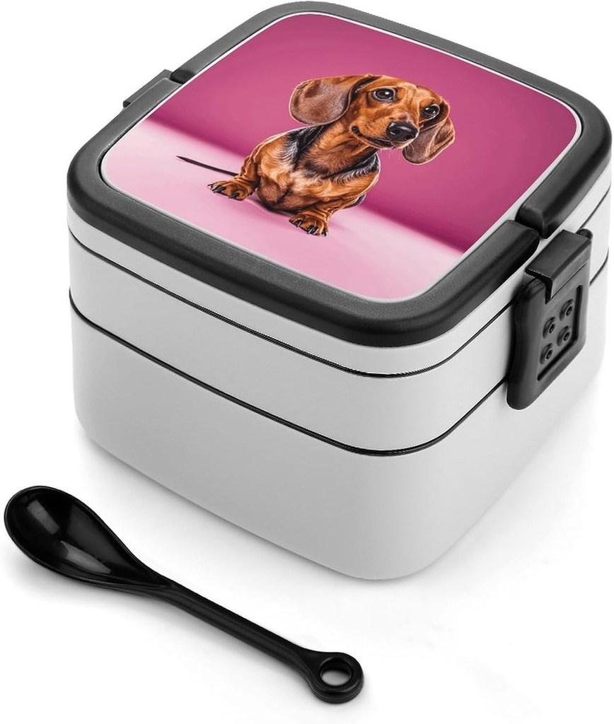 Dachshund Weiner Dog Bento Box with Spoon, 2-layer Stackable Lunch Box Leak Proof with Invisible Handle, Insulated Food Storage for Office, Picnic & Travel