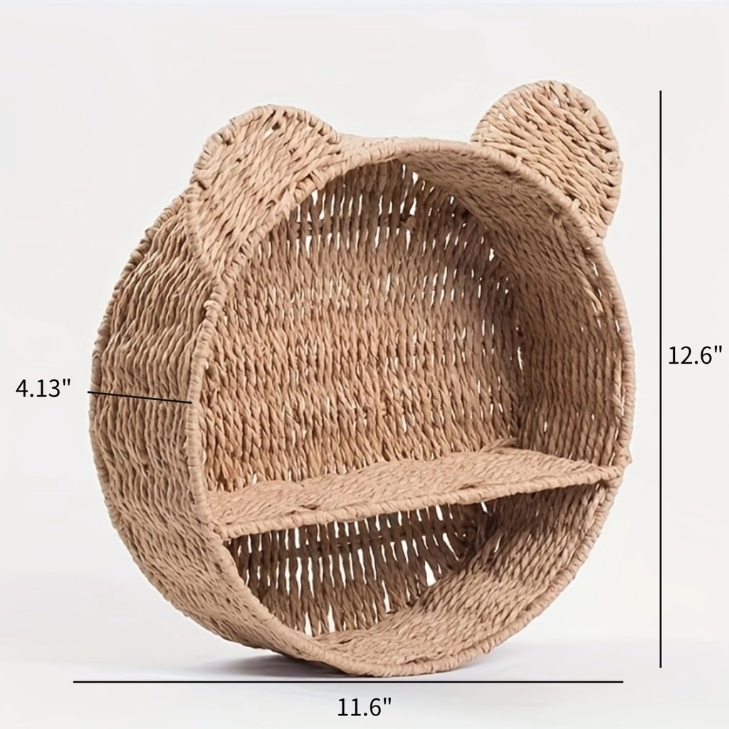 Bear-Shaped Rattan Wall Shelf – Handmade Woven Nursery Bookshelf for Kids Room, Boho Wall-Mounted Storage Organizer for Toys, Books & Décor