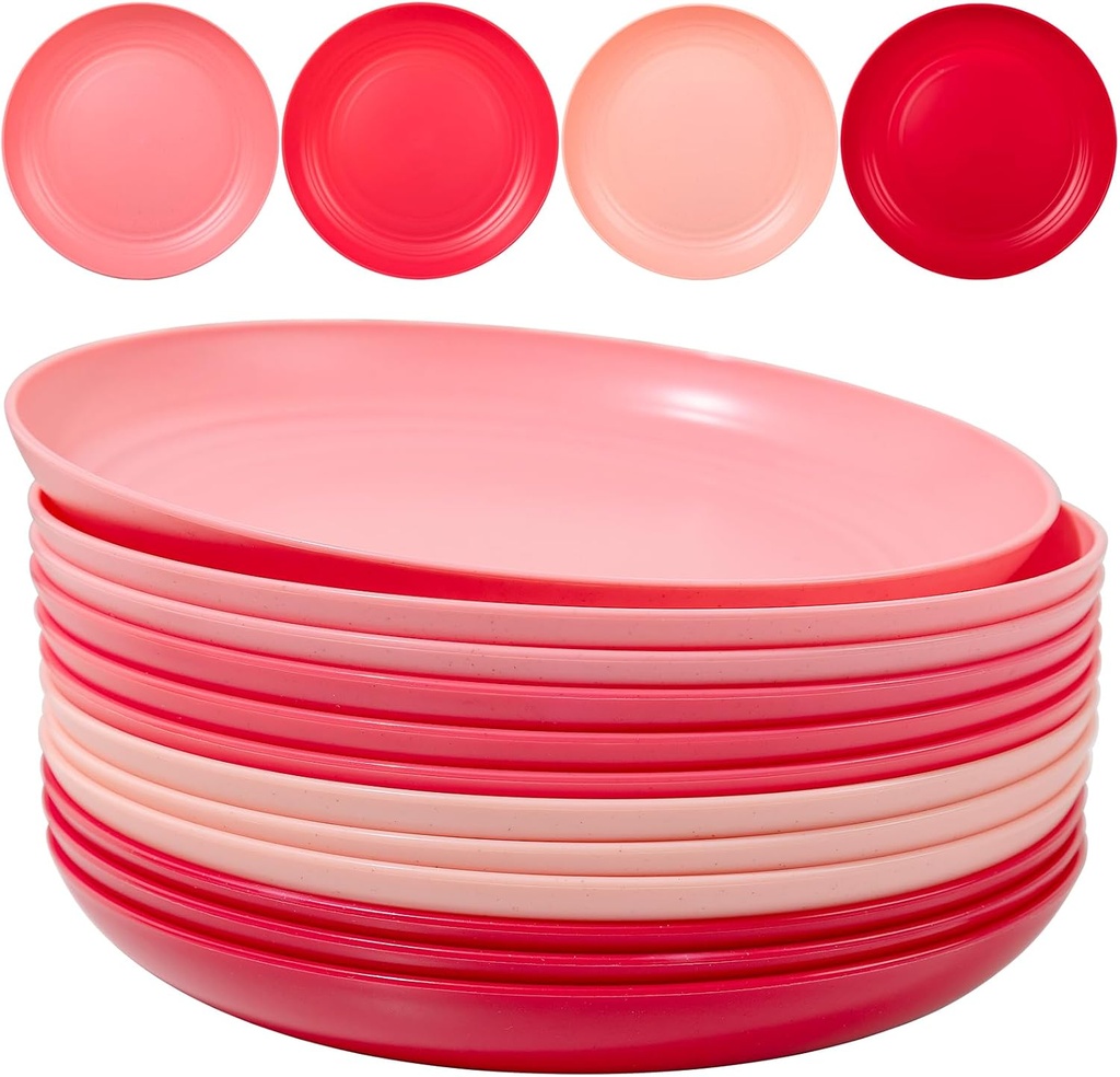 LIYH 12 Pcs Deep Dinner Plates Set of 12 Plastic Plates Reusable Dishwasher Safe Wheat Straw Plate for Kitchen Unbreakable 4 Colors 10 In