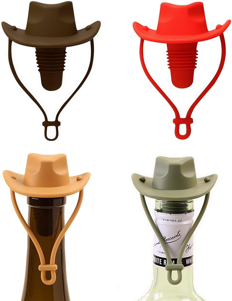 Silicone Wine Stoppers, Cowboy Hat Wine Bottle Stopper Sealer, Keeps Fresh for 15 Days, Home Decoration and Winer's Gifts (4, Coffee+Red+Light Brown+Green)