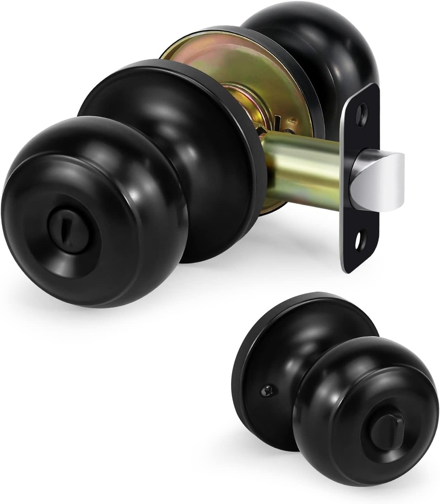 Privacy Door Knob, KEYLESS Interior Door Lock, Flat Ball KEYLESS Lock for Right and Left Side Bedroom, Bathroom, Matte Black,1 Pack