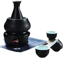 Sake Set and Cups with Warm，Traditional Porcelain Ceramic Hot Drink Set Kit, 7 Pieces Include 1 Stove 1 Bowl 1 Sake Warming Bottle 4 Cup-C