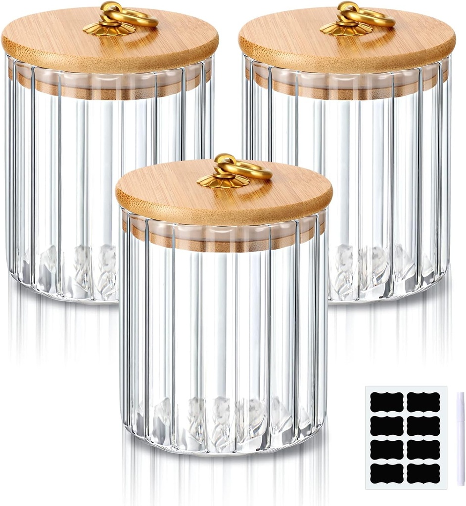 Gerrii 3 Pcs Glass Storage Jars Decorative Coffee Bar Container Kitchen Glass Canister with Airtight Bamboo Lid Metal Ring, Black Labels and Whiteboard Marker for Storage Sugar Candy(19 oz)