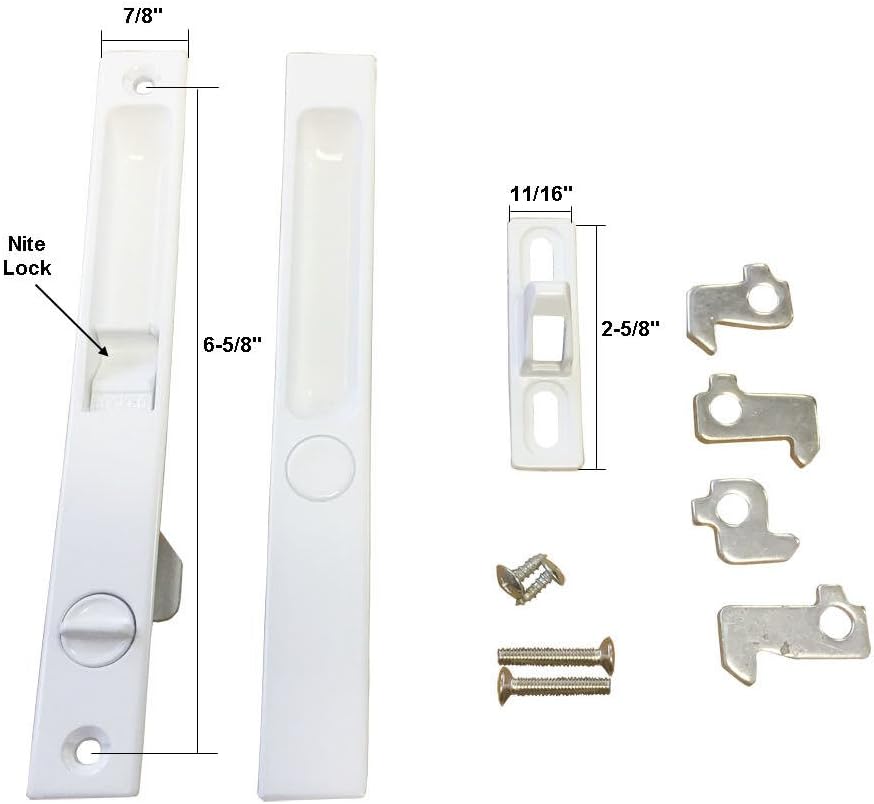 Sliding Glass Door Handle Set, Non-Keyed, Flush Mount, with Nite-Lock and Five Hook Assortment, White, 6-5/8" Screw Holes