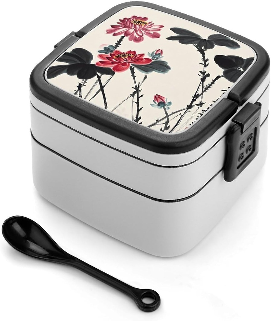 Double Layer Bento Box for Adults Modern Ink Flower Print Stackable Bento Box Removable Lunch Boxes for Dining Out,Work