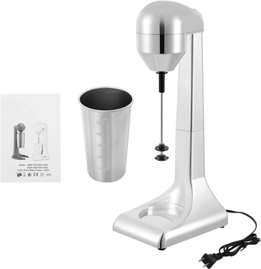 100W Milk Shaker Machine, 110V/60 Hz Electric Milkshake Blender Maker Household Commercial Drink Mixer with 500 Ml Stainless Steel Cup Mixed Drink Maker Machine 23000r/Min Speed