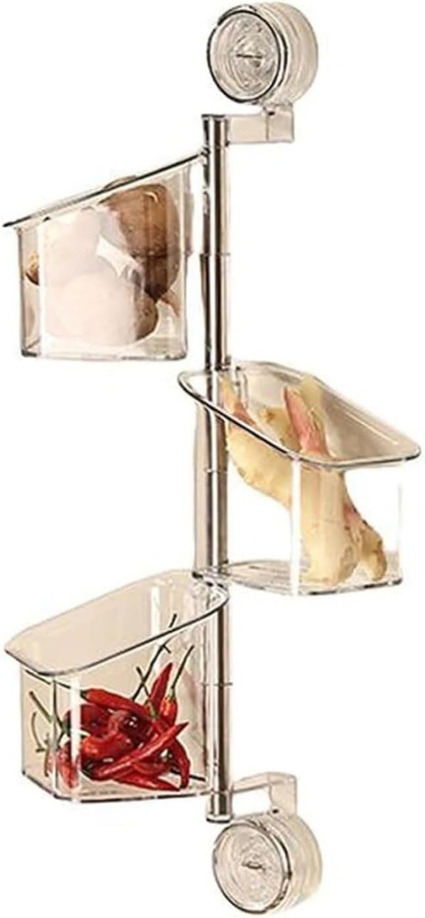 Suction Cup Rotating Organiser, 2/3 Tier Kitchen storage Basket, Wall Mounted Bins Organizer Drill-Free Suction Cup Storage Container with Drainage, Hanging Shower Organizer (transparent-3)