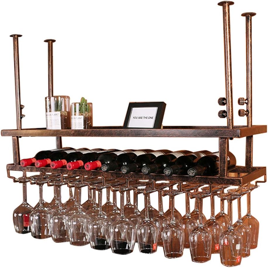 MaGiLL Wine Racks 2-Tiers Wine Bottle Holder Glass Goblet Rack Champagne Display Holder Storage Floating Wine Cellar Bar Accessories Upside Down Bronze (Bronze 60x30cm)
