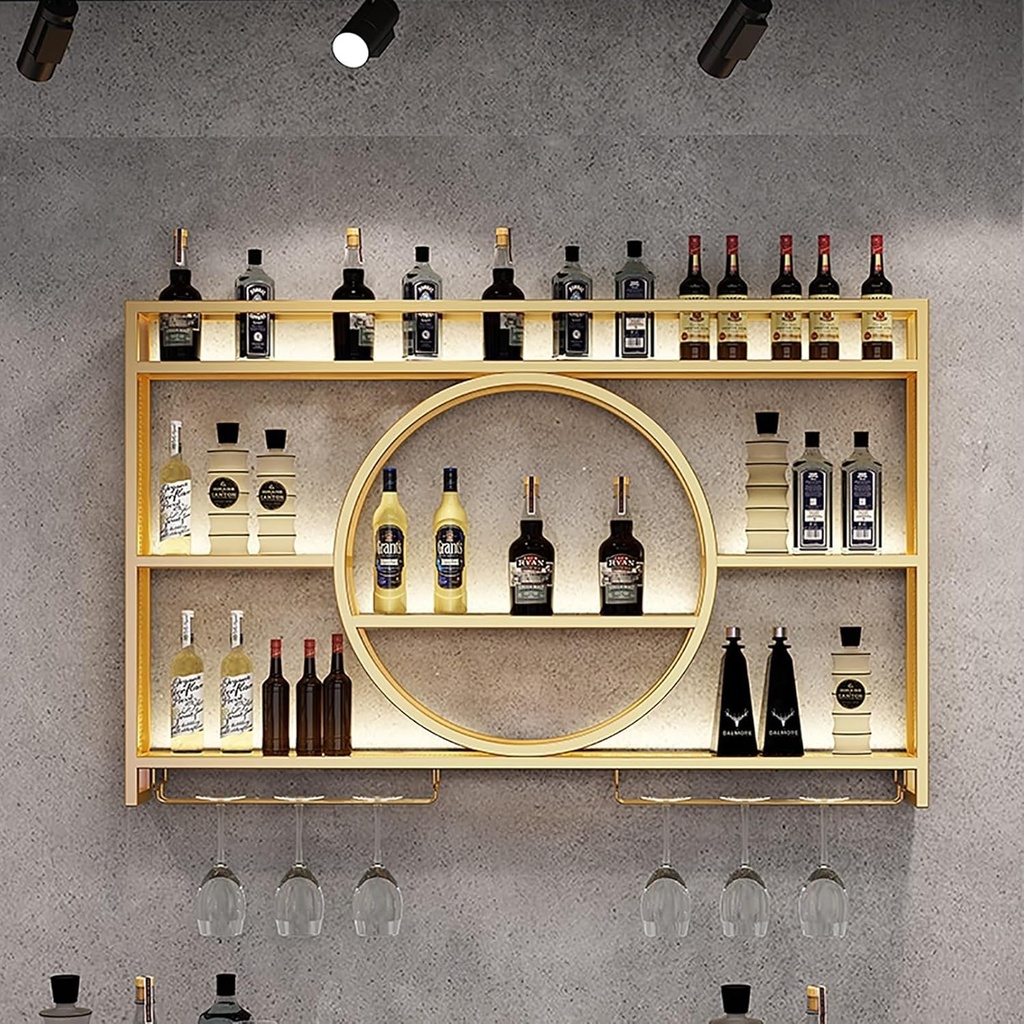 Wall Mounted Wine Rack with Stemware Hanger,Bar Wine Rack,Wine Glass Rack,Wine Display Stand,Wine Storage Rack,Iron Wall Shelf for Kitchen,Wine Cellar,Living Room Etc (Gold 100x15x80cm)