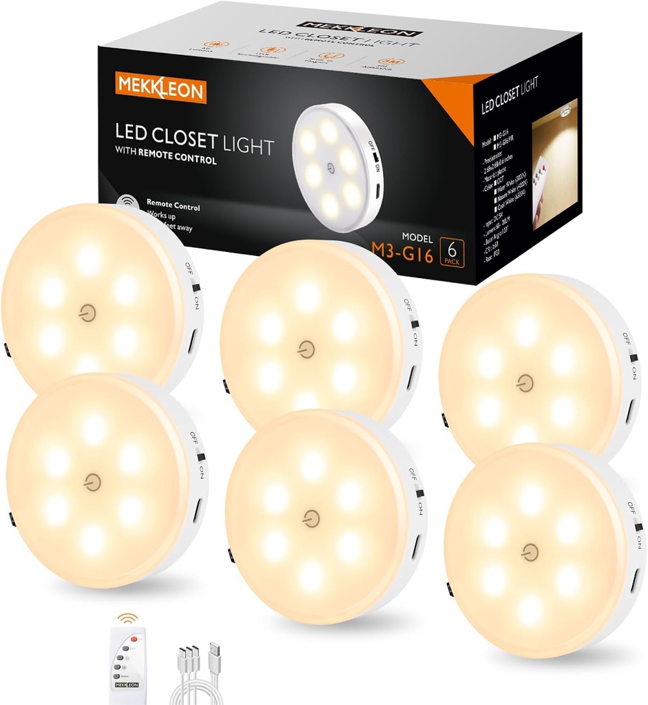 Puck Lights with Remote Control,1000mAh rechargeable under cabinet lighting,LED Closet Lights,3Pack Tap Light,Cordless Stick On Lights for Under Cabinet,Hallway, Stairway,Closet (Warm White-6PCS)