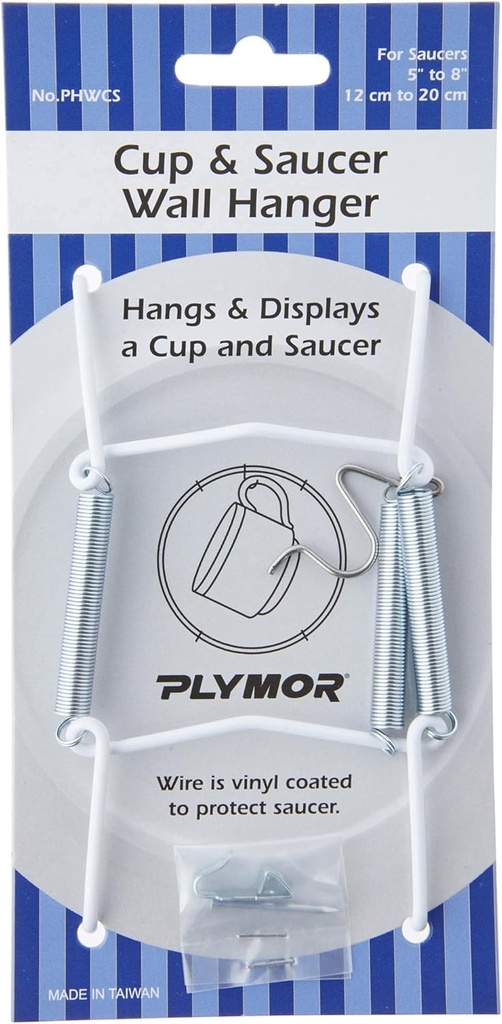 Plymor White Vinyl Finish Wall Mountable Tension Cup & Saucer Hanger, 8" H x 2.75" W x 1" D (6 Pack)