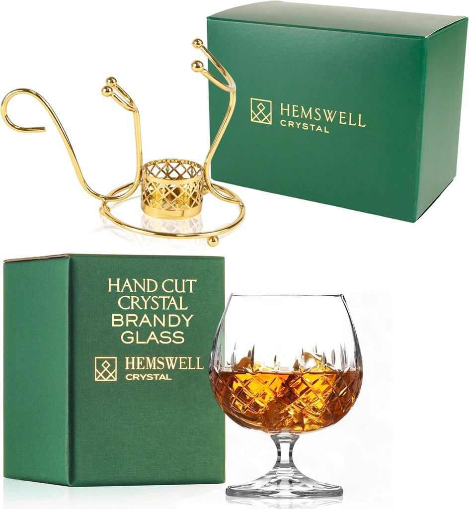 Brandy Warmer Set with Wicklow Snifter – Gold Stand, Tea Light Holder, and 8.5oz European Crystal Glass – Ideal for Brandy, Scotch, or Whisky