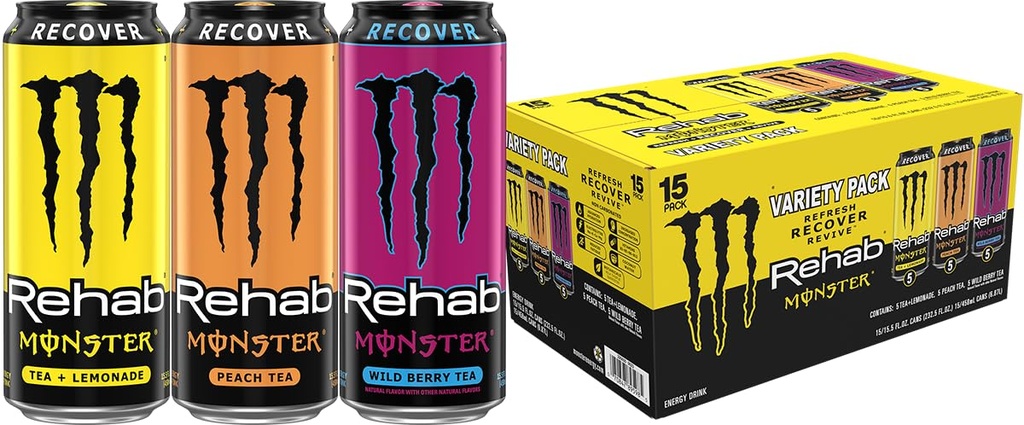Monster Energy Rehab Tea + Lemonade, Peach, Wild Berry, Variety Pack, Energy Iced Tea,15.5 Ounce (Pack of 15)