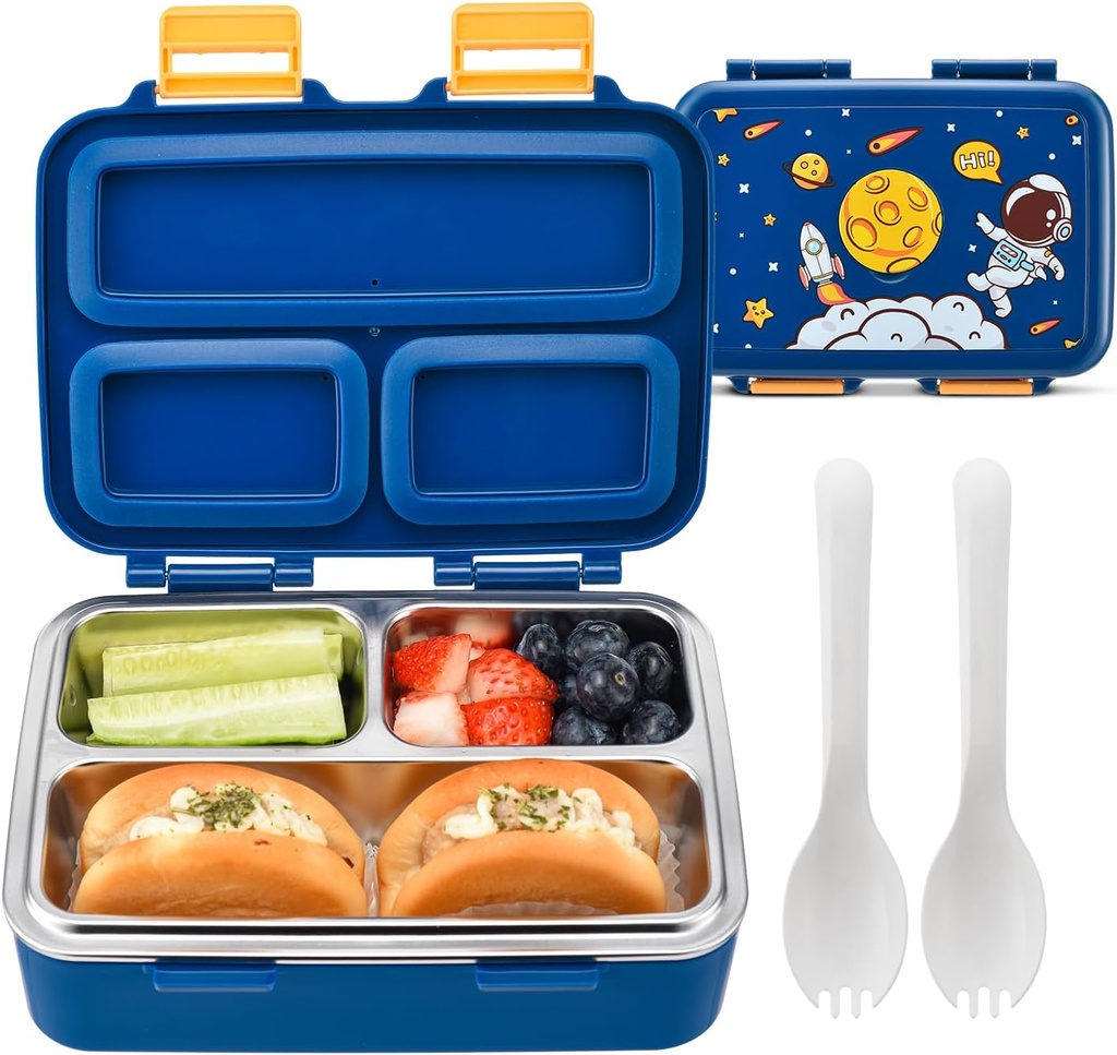 Bento Box for Kids – 3-Compartment Kids Bento Lunch Box with Leak-Proof Lid, Spoon & Stainless Steel Tray – 20 x 15 x 6.8 cm BPA-Free, Dishwasher Safe - Fun Space Design for School & Travel (Blue)