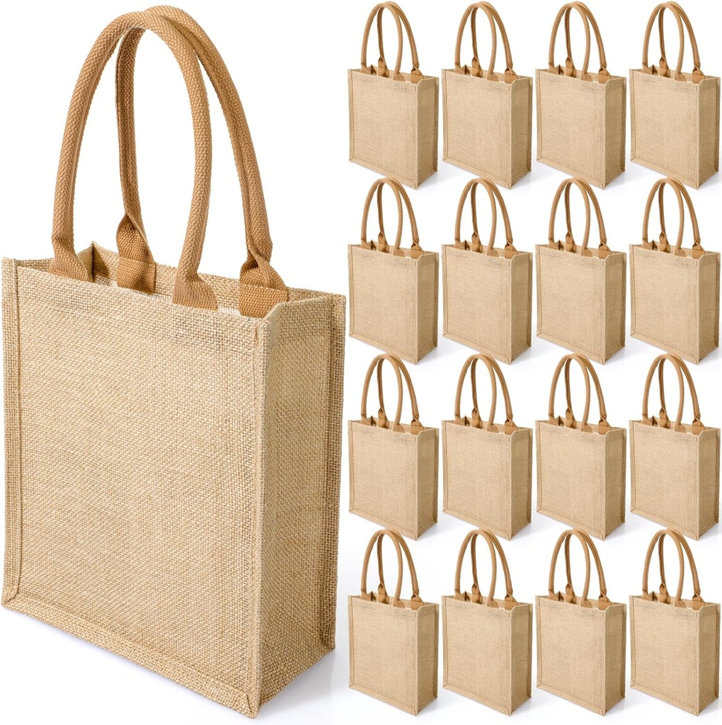 16 Pcs Burlap Tote Bags with Handles and Laminated Interior Reusable Blank Bridesmaid Gift Grocery Beach Bag for Shopping Wedding Party Embroidery DIY Art Crafts, 11 x 9.4 x 4 Inches