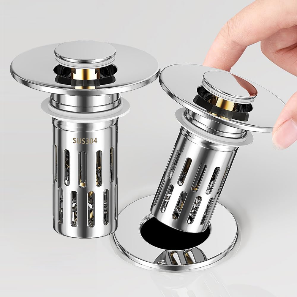 New Upgrade Bathroom Sink Drain Strainer, Pop-up Odor and Insect Proof Bathroom Sink Stopper Replacement, Sink Drain Strainer with Removable Stainless Steel Strainer Basket Hair Catcher(2PCS)