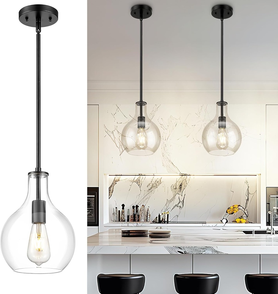 Emak 8 Inch Pendant Lights Kitchen Island, Modern Black Pendant Light with Clear Glass Shade, Farmhouse Hanging Light Fixture for Kitchen, Bathroom, Hallway, Dining Room, PL125-BK