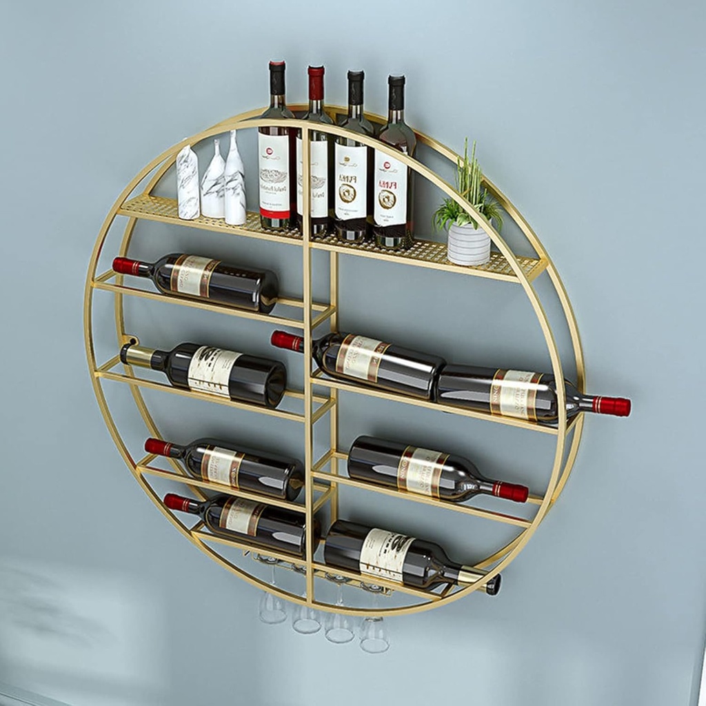 Round Wall Mounted Wine Rack Glass Goblet Holder, Stave Hanging Metal Wine Bottle Storage Shelf Bar Wine Cellar Kitchen Counter Floating Display Shelves, Gold (Size : 70x11x70cm)