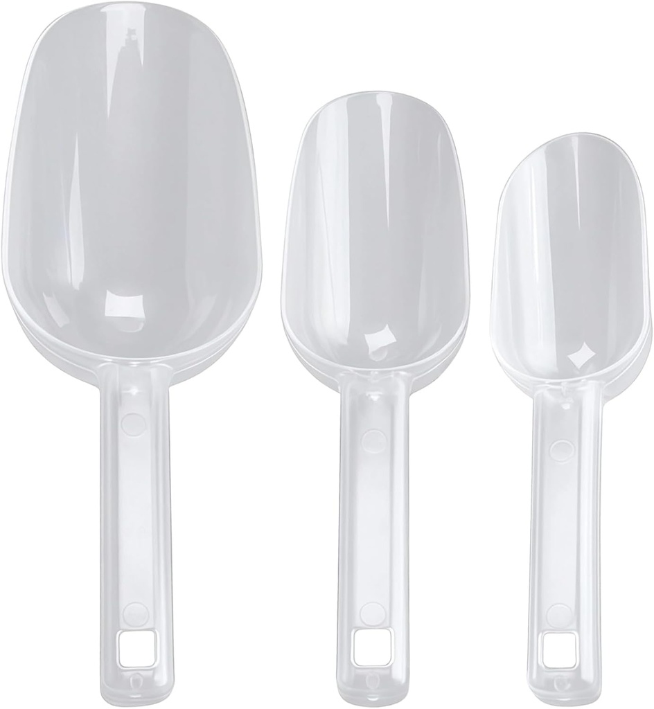 Clear Plastic Ice Scoops 3 Pcs, Thickened for Freezer, Food Safe, Small Medium Large Sizes, for Ice Bucket