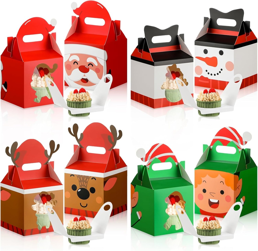 100 Pcs Individual Cupcake Boxes 3.94" Christmas Cookie Gift Baking Box with Window Insert Handle Brownie Donuts Gift-giving Holder Box for Xmas Party (Deer)