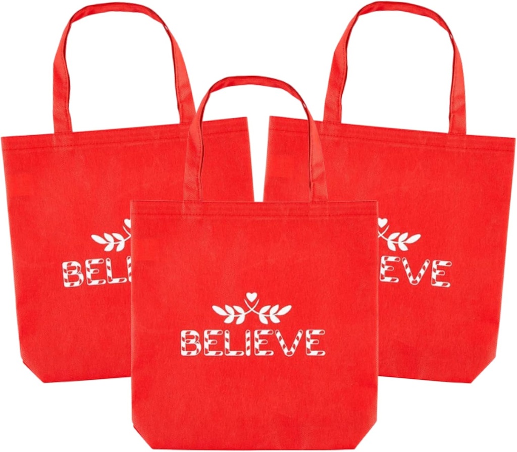 Needzo Christmas Believe Tote Bag, Red Religious Christian Bags, Reusable Grocery and Holiday Gift Packs, 3 Pack, 11 Inches