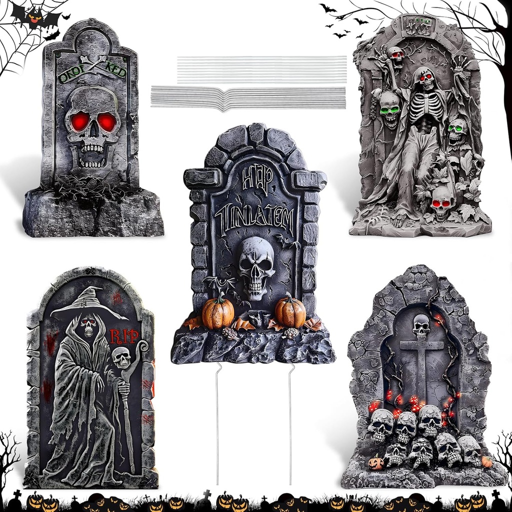 25" Halloween Graveyard Tombstone Decorations, 5PCS Extra Large Scary Halloween Gravestones Yard Signs with Lengthen Stakes,Skeleton RIP Yard Sign Lawn Garden Outdoor Decor