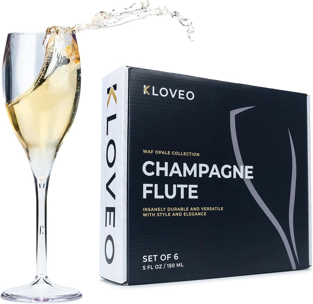 KLOVEO Plastic Champagne Flutes - Set of 6 - Made in Italy - Insanely Durable and Versatile Plastic Champagne Glasses - Reusable, Dishwasher Safe, Mimosa Glasses, White Wine - 5 oz, Clear