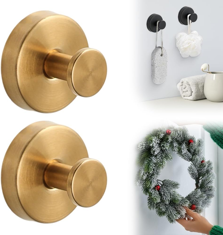 Suction Cup Hooks for Door Wreaths, 2025 Upgraded Wreath Hangers for Front Door, Halloween Christmas Suction Cup Wreath Hanger Holder for Glass Window Towel Shower Hooks Door Bathroom (2, Gold)