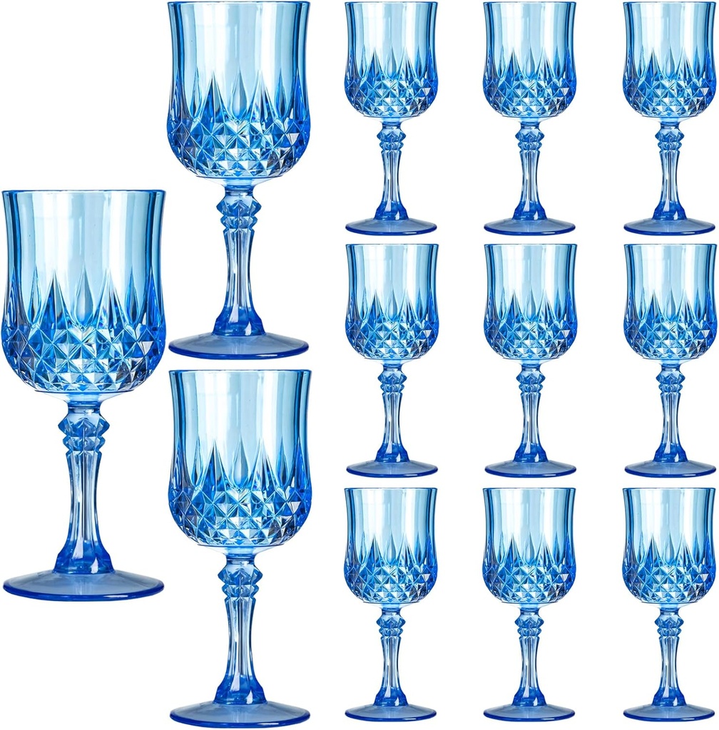 XKXKKE 12 Pcs Blue Plastic Wine Glasses, Plastic Water Goblets for Parties, Stemmed Drinking Glasses for Wedding Reception, Grand Event Party Bar Supplies Reusable Drinking Cups