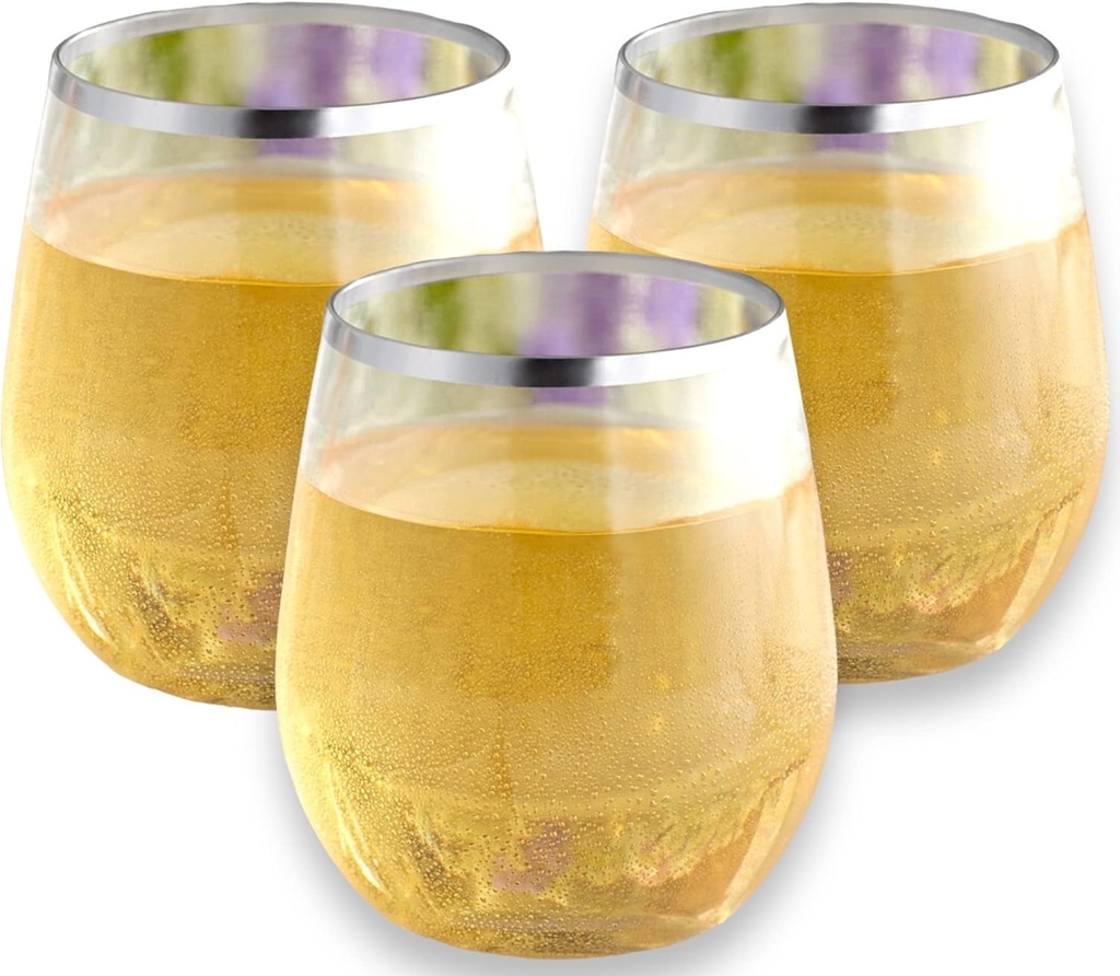 48 piece Stemless Unbreakable Crystal Clear Small Plastic Wine Glasses Set of 48 Small Size (10 Ounce - Silver Rim)