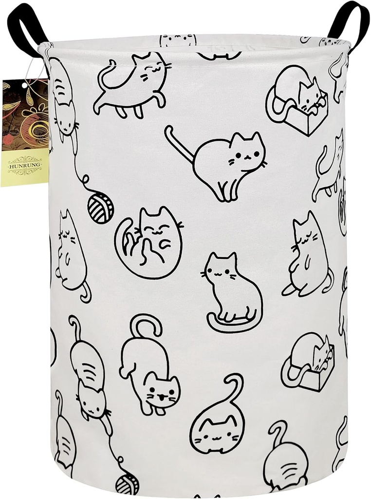 HUNRUNG Laundry Hamper,Large Canvas Fabric Lightweight Storage Basket Toy Organizer Dirty Clothes Collapsible Waterproof for College Dorms, Children Bedroom,Bathroom（Round cat）