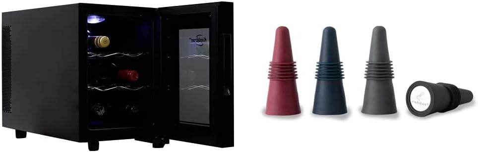 Koolatron 6 Bottle Wine Cooler, Black, Thermoelectric Wine Fridge, 0.65 cu. ft. (16L), Freestanding Wine Cellar, Red, White and Sparkling Wine Storage & Rabbit Bottle Stoppers, Set of 4, Multicolor