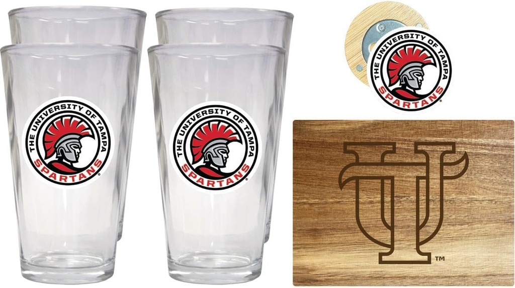 R and R Imports University of Tampa Spartans Officially Licensed Kitchen Pack - Wood Cutting Board, 4 Pint Glasses & Magnetic Bottle Opener