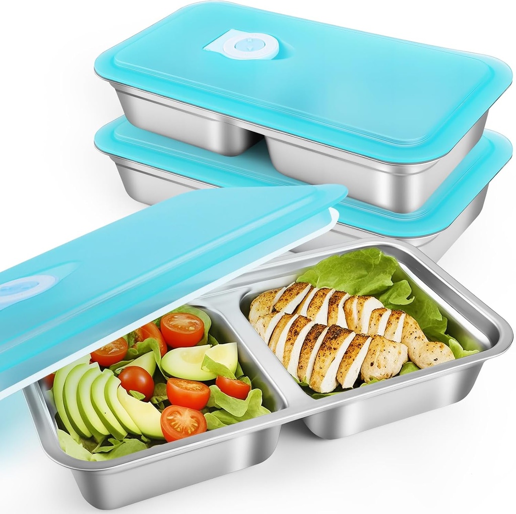 2 Pack Stainless Steel Snack Containers, Reusable Grab and Go Snack Containers with Lids, Double Compartment Food Storage Containers for Travel, Outdoor Camping