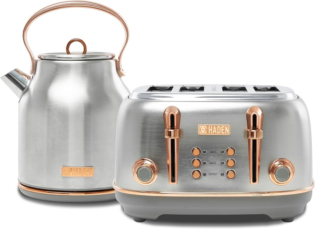 Haden Heritage 4 Slice Wide Slot Stainless Steel Toaster Bundled with 1.7 Liter Stainless Steel Electric Water Kettle, Steel & Copper