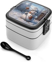 Stackable Double-Layer Bento Box Hardworking Snowman Adults Lunchbox with Spoon Cute Japanese Bento Box Dishwasher Safe for Work Travel Dining Outc