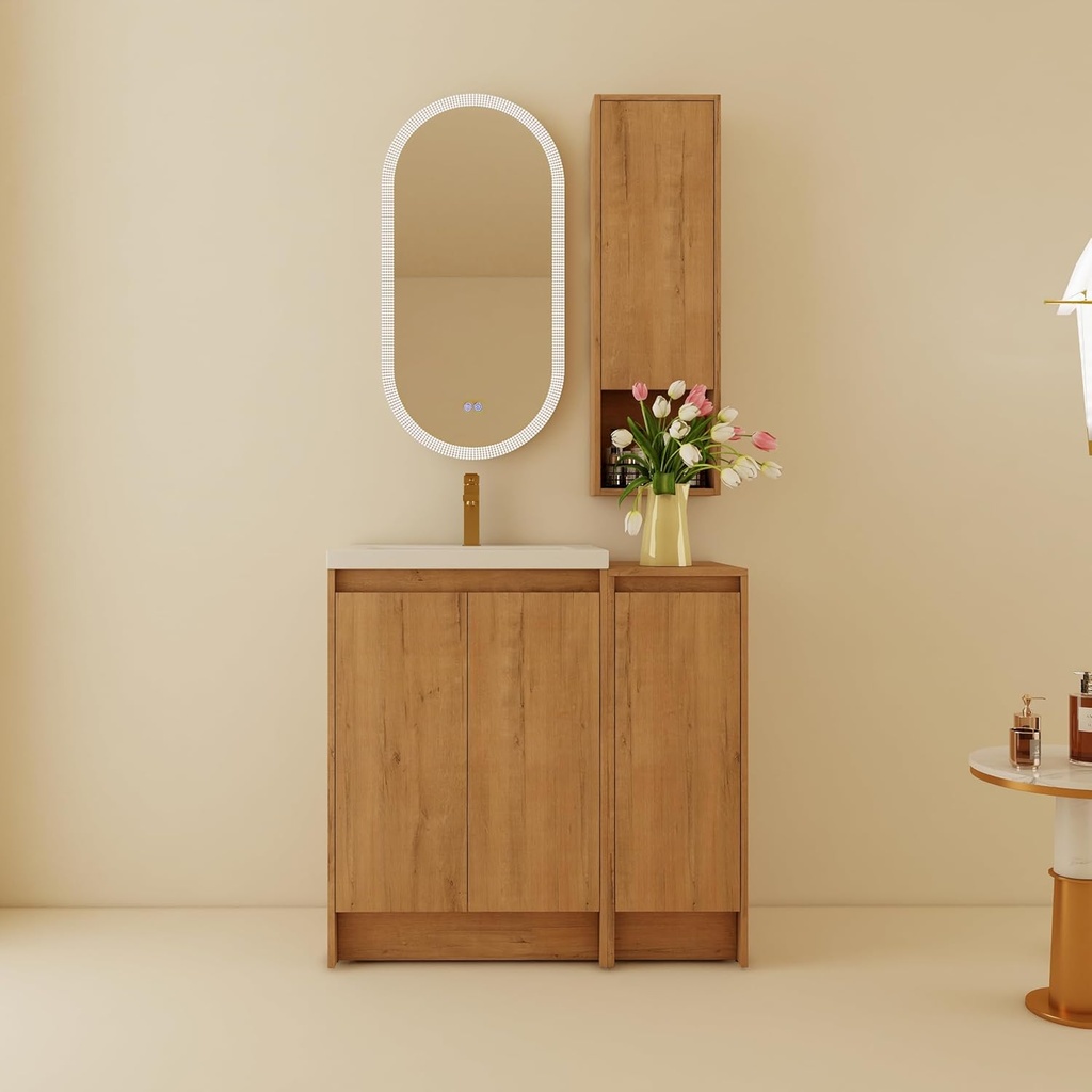 36" Bathroom Vanity with Sink, 36 Inch Freestanding Single Sink Bathroom Vanity Set, Pedestal Modern Vanities Combo with Wall-Mounted Storage Cabinets, White Resin Basin Top, Imitative Oak